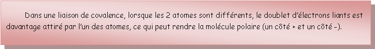 Zone de Texte: 	Dans une liaison de covalence, lorsque les 2 atomes sont diffrents, le doublet dlectrons liants est davantage attir par lun des atomes, ce qui peut rendre la molcule polaire (un ct + et un ct -).