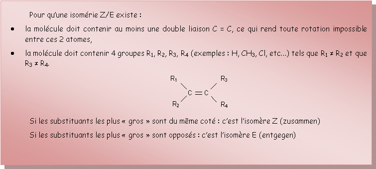 Zone de Texte: Pour quune isomrie Z/E existe :la molcule doit contenir au moins une double liaison C = C, ce qui rend toute rotation impossible entre ces 2 atomes,la molcule doit contenir 4 groupes R1, R2, R3, R4 (exemples : H, CH3, Cl, etc...) tels que R1 ≠ R2 et que R3 ≠ R4.￼Si les substituants les plus  gros  sont du mme cot : cest lisomre Z (zusammen)Si les substituants les plus  gros  sont opposs : cest lisomre E (entgegen)