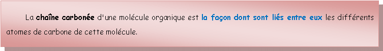 Zone de Texte: 	La chane carbone d'une molcule organique est la faon dont sont lis entre eux les diffrents atomes de carbone de cette molcule.