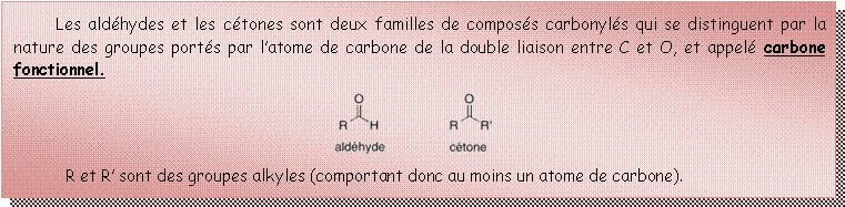 Zone de Texte: 	Les aldhydes et les ctones sont deux familles de composs carbonyls qui se distinguent par la nature des groupes ports par latome de carbone de la double liaison entre C et O, et appel carbone fonctionnel.￼R et R sont des groupes alkyles (comportant donc au moins un atome de carbone).