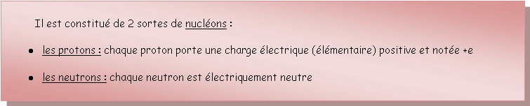 Zone de Texte: 	Il est constitu de 2 sortes de nuclons :les protons : chaque proton porte une charge lectrique (lmentaire) positive et note +eles neutrons : chaque neutron est lectriquement neutre