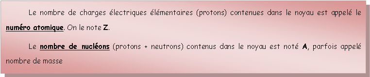 Zone de Texte: 	Le nombre de charges lectriques lmentaires (protons) contenues dans le noyau est appel le numro atomique. On le note Z.	Le nombre de nuclons (protons + neutrons) contenus dans le noyau est not A, parfois appel nombre de masse