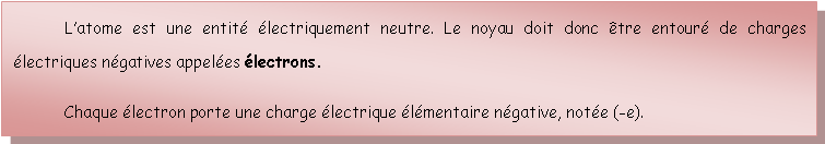 Zone de Texte: 	Latome est une entit lectriquement neutre. Le noyau doit donc tre entour de charges lectriques ngatives appeles lectrons.	Chaque lectron porte une charge lectrique lmentaire ngative, note (-e).