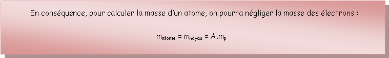 Zone de Texte: 	En consquence, pour calculer la masse dun atome, on pourra ngliger la masse des lectrons :matome = mnoyau = A.mp