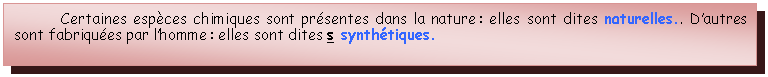 Zone de Texte: Certaines espces chimiques sont prsentes dans la nature : elles sont dites naturelles.. Dautres sont fabriques par lhomme : elles sont dites s synthtiques.