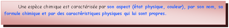Zone de Texte: Une espce chimique est caractrise par son aspect (tat physique, couleur), par son nom, sa formule chimique et par des caractristiques physiques qui lui sont propres.