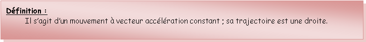 Zone de Texte: Dfinition : 	Il sagit dun mouvement  vecteur acclration constant ; sa trajectoire est une droite.