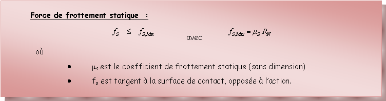 Zone de Texte: Force de frottement statique  :￼		avec		￼omS est le coefficient de frottement statique (sans dimension)fs est tangent  la surface de contact, oppose  laction.