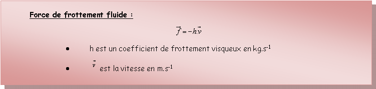 Zone de Texte: Force de frottement fluide :￼h est un coefficient de frottement visqueux en kg.s-1￼est la vitesse en m.s-1