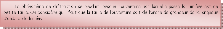 Zone de Texte: 	Le phnomne de diffraction se produit lorsque l'ouverture par laquelle passe la lumire est de petite taille. On considre quil faut que la taille de louverture soit de lordre de grandeur de la longueur donde de la lumire.